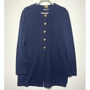 St John Basics Navy Knit Cardigan Missing Button Gold Crest Buttons Women Size M